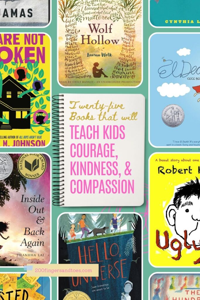 25 Kindness Books › 200 Fingers & Toes Collage of colorful book covers arranged in a grid on a teal background, many titles visible about courage, kindness, and compassion.