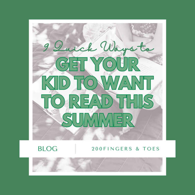 9 Quick Ways to Get Your Kid to Want to Read This Summer › 200 Fingers & Toes Blog header image reading: Title '9 Quick Ways to Get Your Kid to Want to Read This Summer' in bold green letters over a grayscale photo of a person reading, with a white strip showing 'BLOG' and '200FINGERS & TOES' on green background.