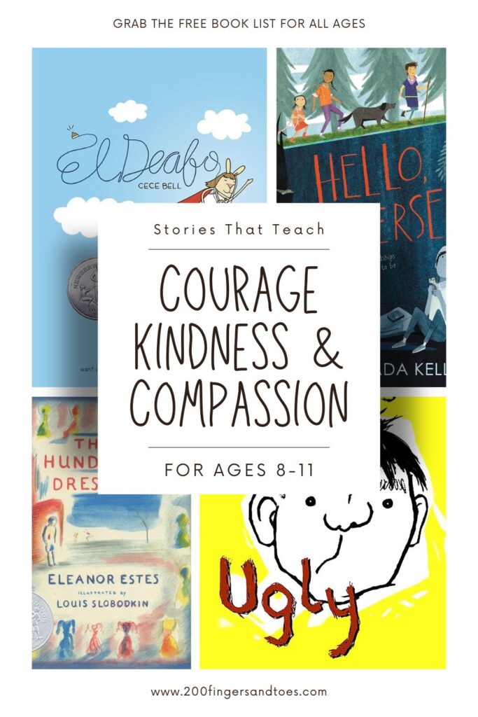 Compassion Kindness 8-11 › 200 Fingers & Toes Collage poster featuring multiple book covers with a white card center reading 'Courage Kindness & Compassion for ages 8–11' and 'Stories That Teach' above it.
