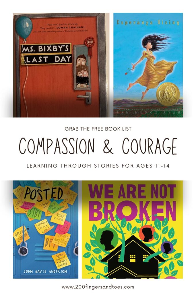 Compassion and Courage 11-14 › 200 Fingers & Toes Promo image for a free book list about compassion and courage; collage of four book covers (Ms. Bixby’s Last Day, Esperanza Rising, Posted, We Are Not Broken) with site URL at bottom.