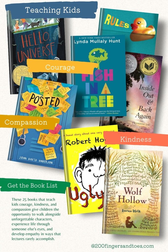 Kindness › 200 Fingers & Toes Collage of kids' books with banners reading Teaching Kids, Courage, Compassion, and Kindness; promotes a list of children’s books.