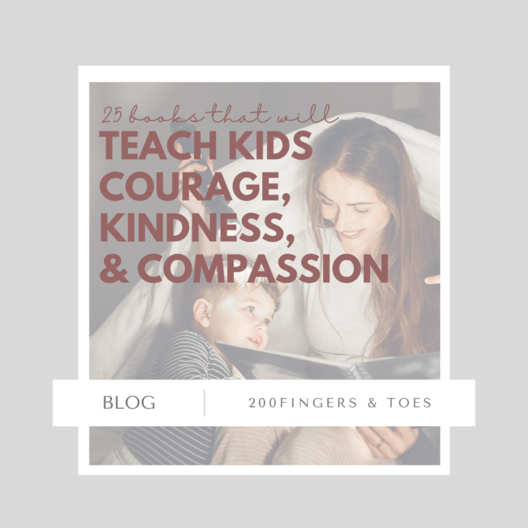 Courage Kindness and Compassion › 200 Fingers & Toes Blog header image of a mother reading with her child under a blanket; headline reads '25 books that will teach kids courage, kindness, & compassion'.