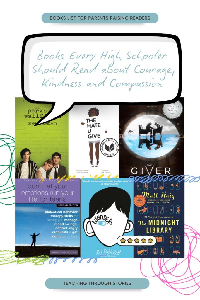 Teaching Kindness in High School › 200 Fingers & Toes Collage of teen and children's book covers with a speech bubble about courage, kindness, and compassion.