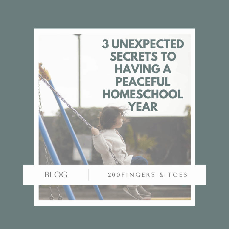 how to have a peaceful homeschool › 200 Fingers & Toes Blog hero: girl on a swing with large teal title '3 Unexpected Secrets to Having a Peaceful Homeschool Year' and a white banner reading BLOG | 200FINGERS & TOES