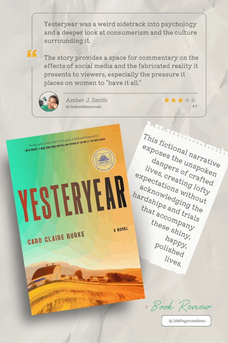 Promotional book-review collage: the novel Yesterday Year with a rainbow gradient cover, a quoted blurb, and author Amber J. Smith with a 4-star rating.