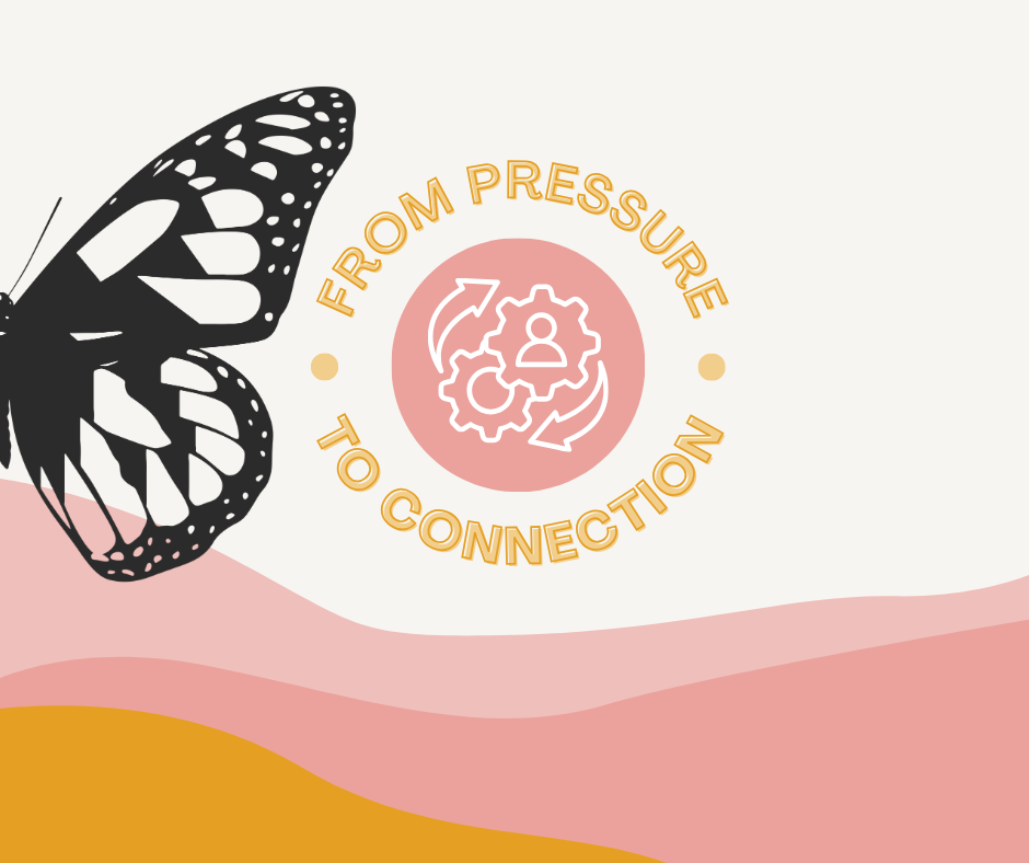 connection › 200 Fingers & Toes Butterfly on the left beside a circular logo that reads 'From Pressure to Connection' with gear icons, set on a pale background with pastel waves at the bottom.