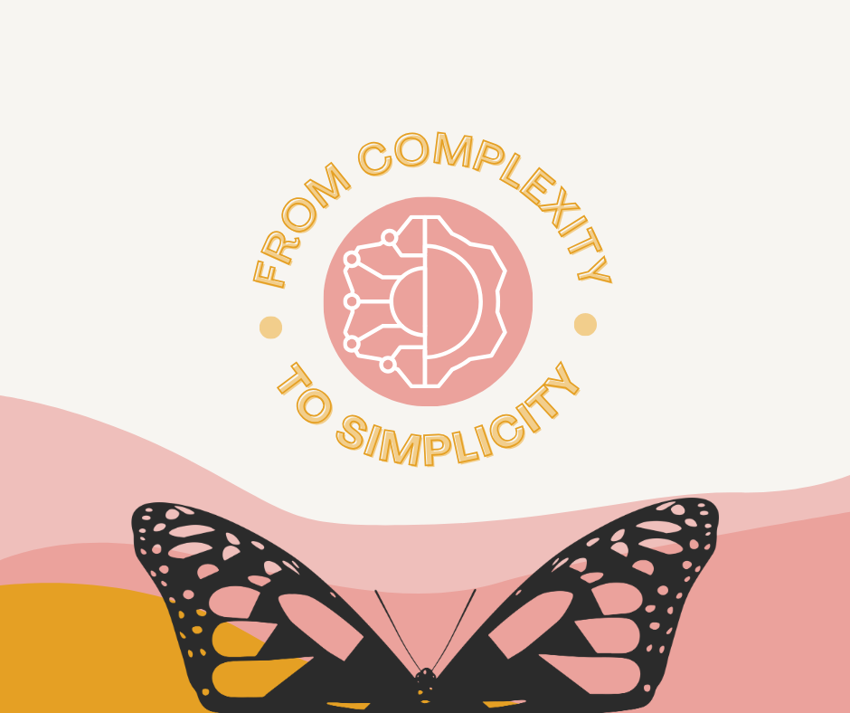 simplicity › 200 Fingers & Toes Butterfly silhouette over pink and orange hills with a circular emblem reading'From Complexity to Simplicity' at center.