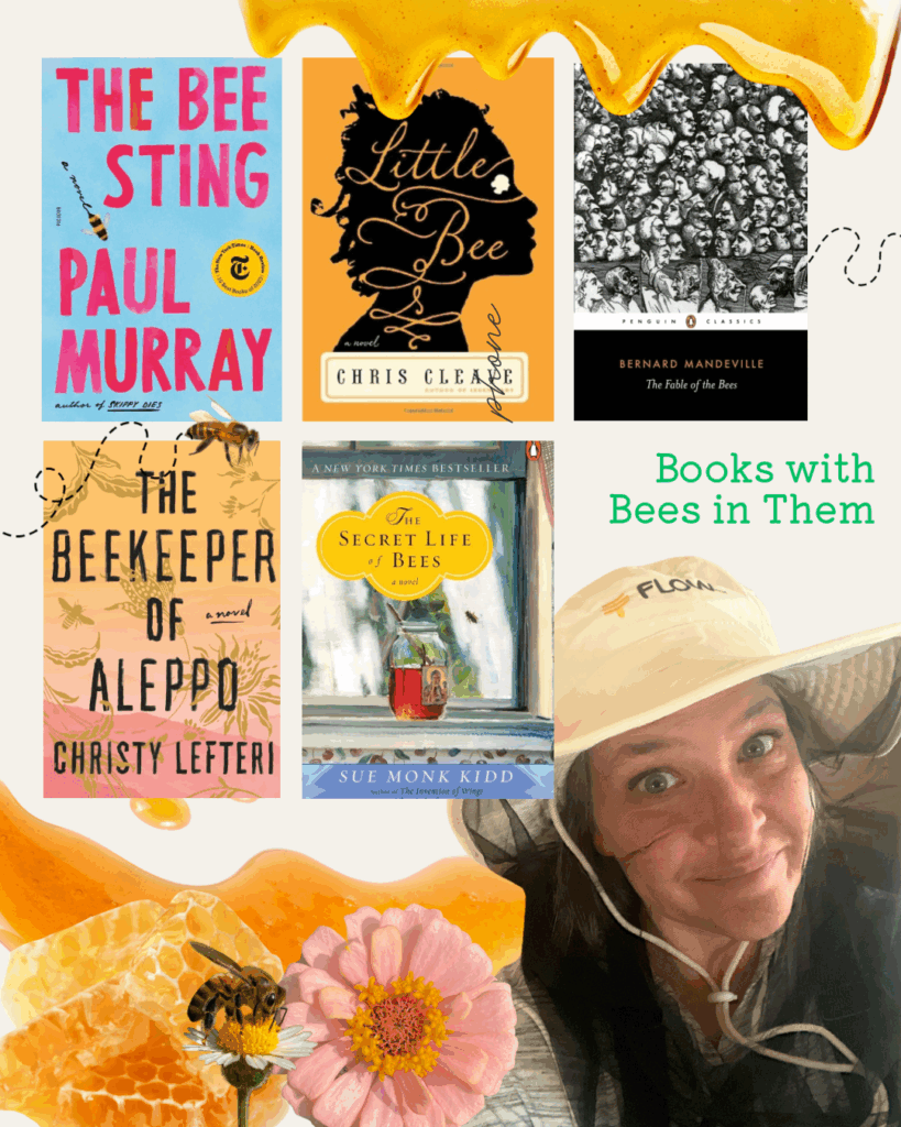 Books with Bees in Them - 1 › 200 Fingers & Toes Collage of six bee-themed book covers with a smiling woman in a sun hat bottom right; green text reads'Books with Bees in Them'.