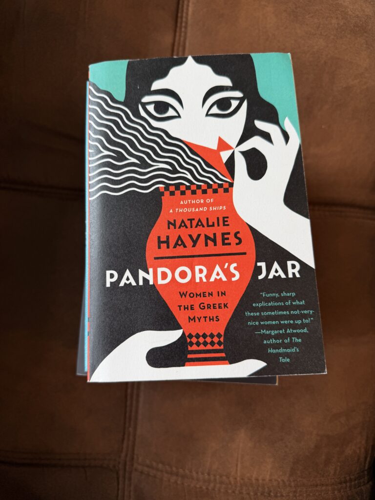 Book cover for Pandora's Jar by Natalie Haynes with a bold, stylized woman's face and a red vase on a teal/black background.
