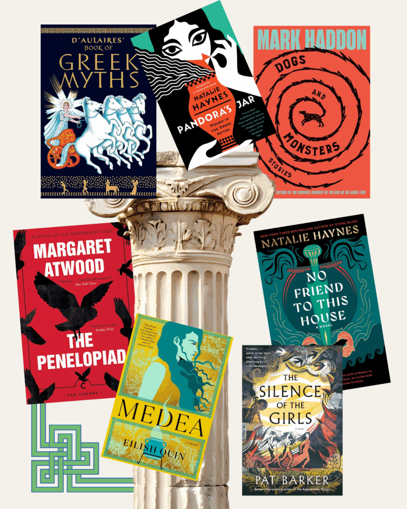 Collage of colorful book covers arranged around a carved stone column pedestal, suggesting a theme of books and mythology.