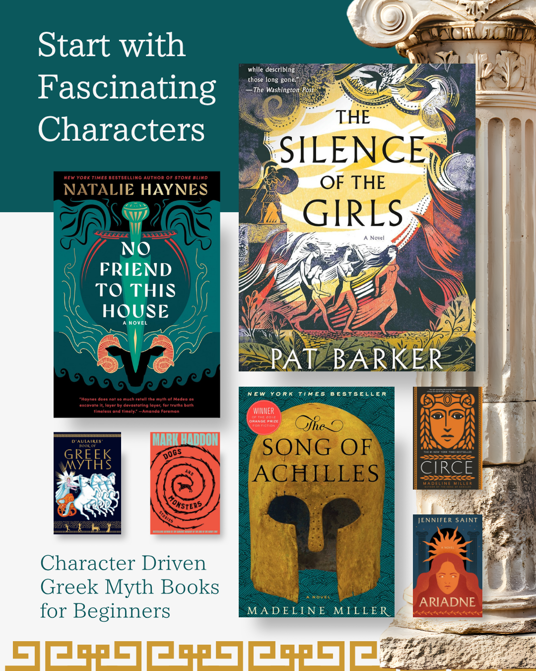 Greek Mythology for Beginners › 200 Fingers & Toes Teal left panel with the title Start with Fascinating Characters and a collage of Greek myth book covers against a stone column backdrop.