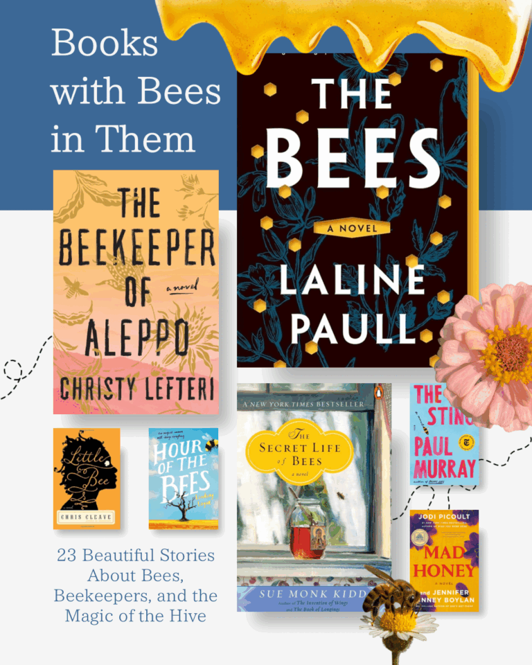 books with bees in them › 200 Fingers & Toes Collage of book covers about bees, with the title 'Books with Bees in Them' and floral imagery.