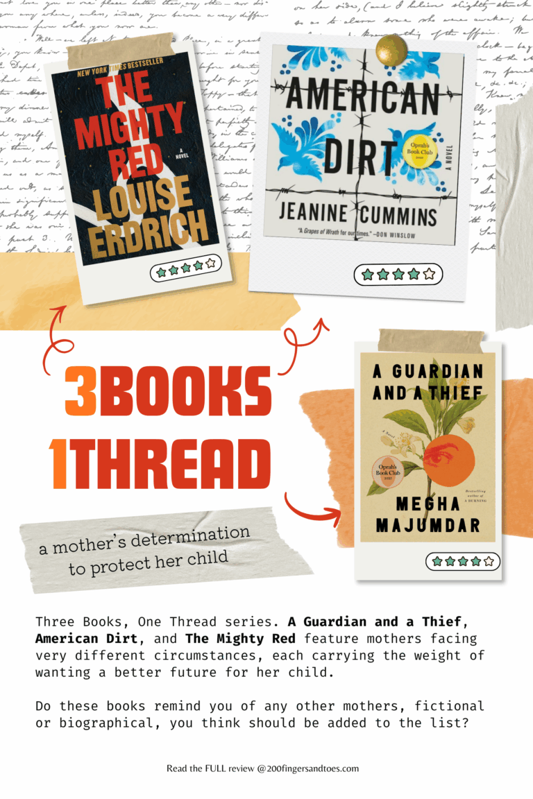 Collage of three book covers: The Mighty Red Louise Erdrich, American Dirt by Jeanine Cummins, and A Guardian and a Thief by Megha Majumdar, with decorative background.