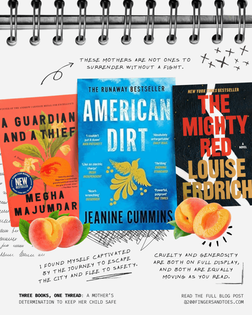 Collage of three book covers: A Guardian and a Thief, American Dirt, and The Mighty Red Louise Erdrich, with peaches and a spiral notebook background.